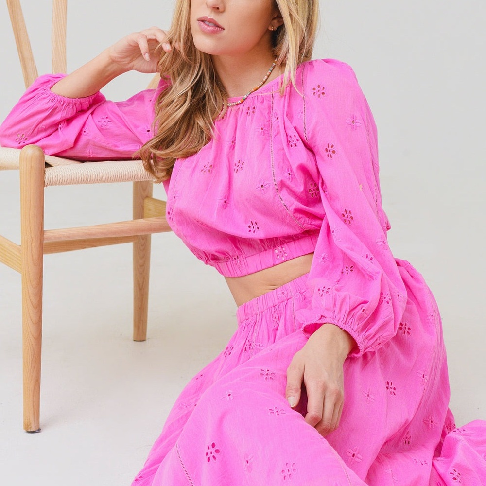 Velvet by Graham & Spencer Pink Yara Eyelet Cropped Blouse skirt matching set